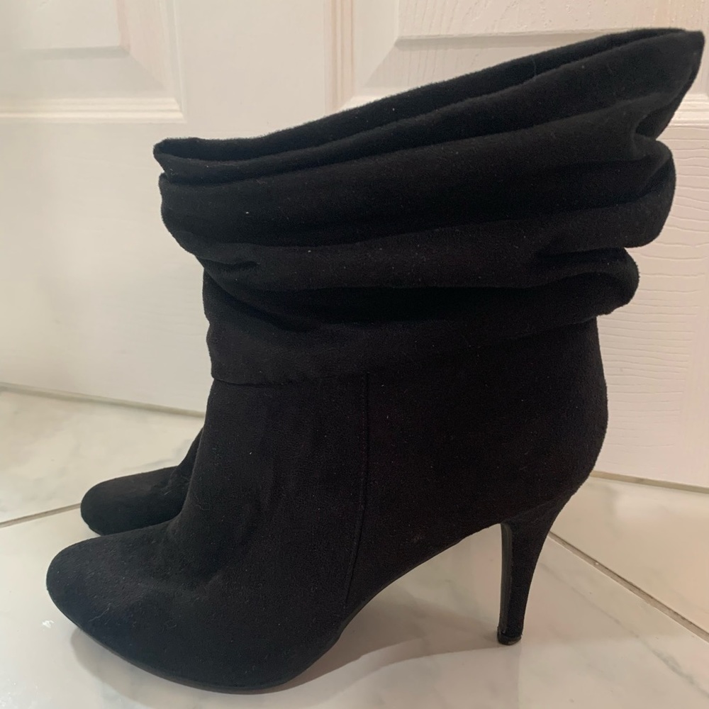 Black suede booties.